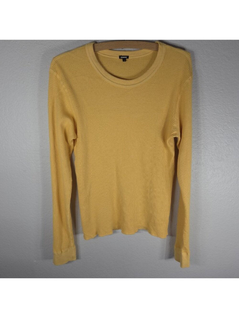 Monrow Yellow Waffle Knit Layered Top Sweater Size L Crew Neck Long Sleeves